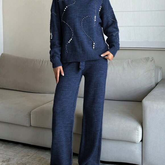 Navy Blue Casual Women's Crew Neck Beaded Drop Shoulder Sweater & Wide Leg Pants - Picture 5 of 6